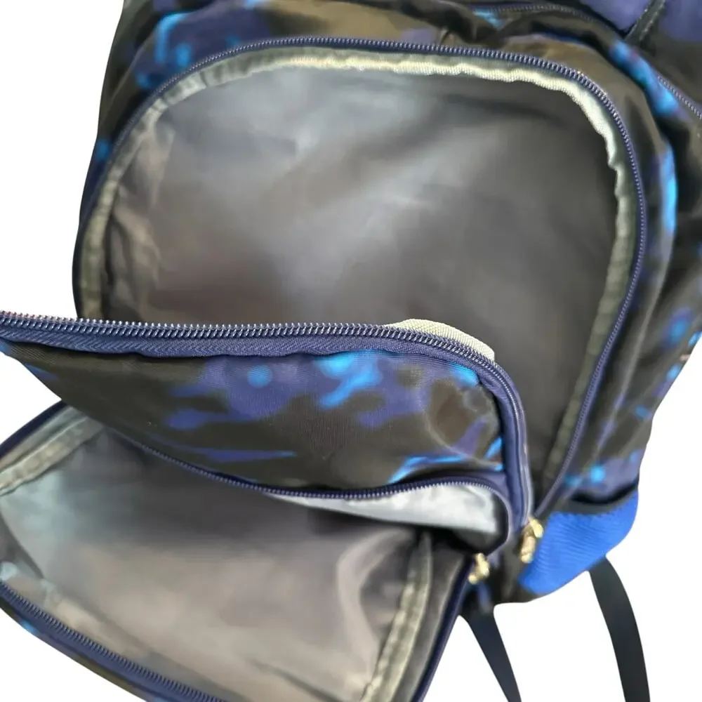 Backpack, kids, soccer ball, flames, blue black tie dye, multi-compartment